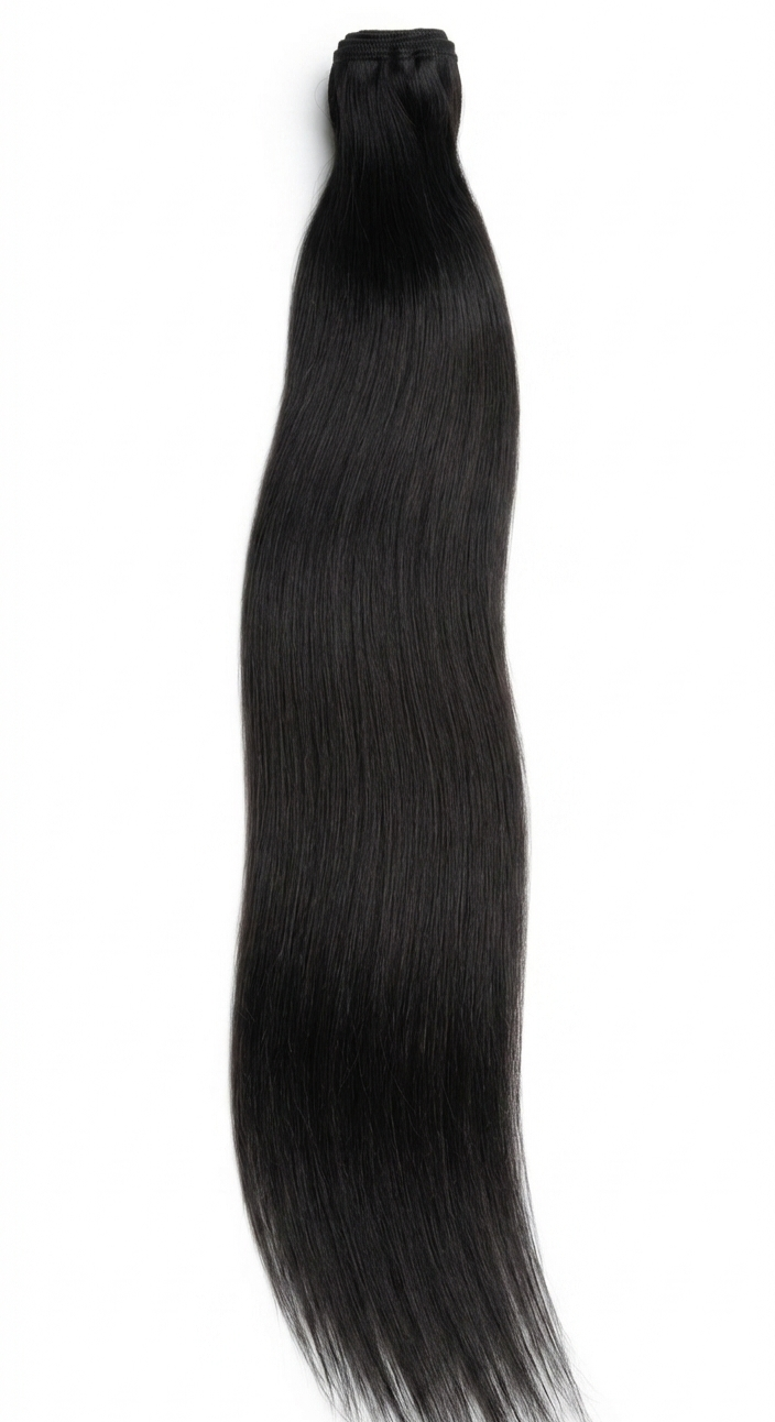 Cambodian Straight hair bundle in long, glossy black strands with a smooth, sleek straight texture and stitched weft top.
