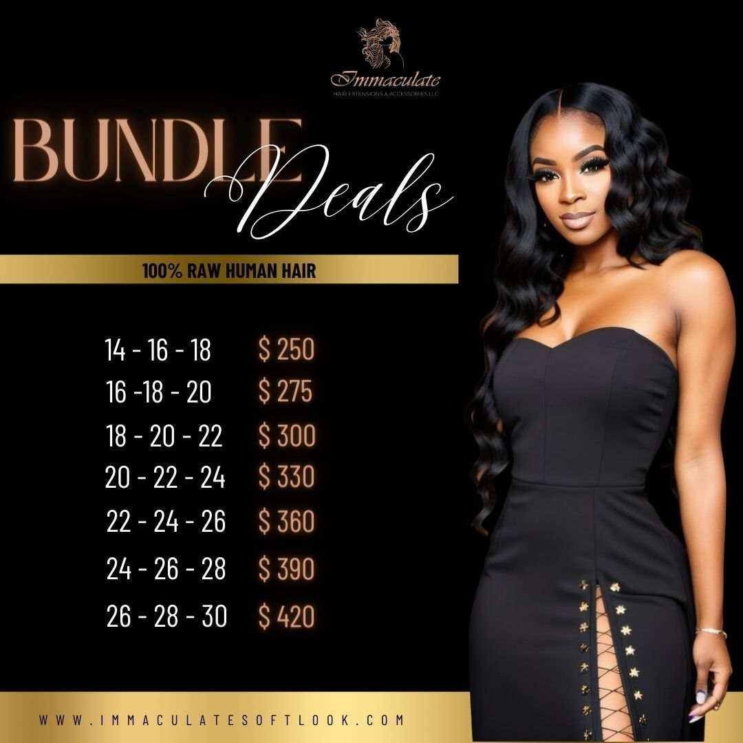 Bundle Deals offer for 100% raw human hair, various lengths and prices displayed, woman modeling.