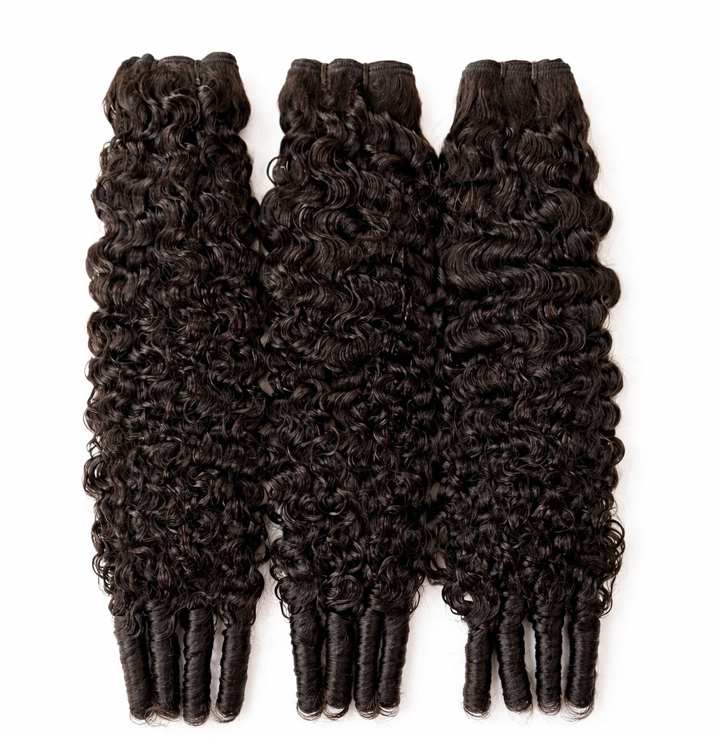 Vietnamese Raw Eurasian Curly hair bundles with soft defined natural curls, available in 16 to 30 inches, unprocessed and chemical-free.