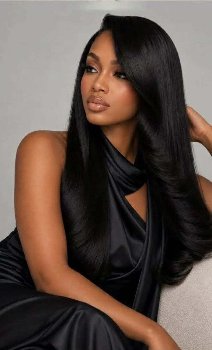 Cambodian Straight hair bundles shown as long, glossy black hair with a sleek, smooth texture and straight pattern.
