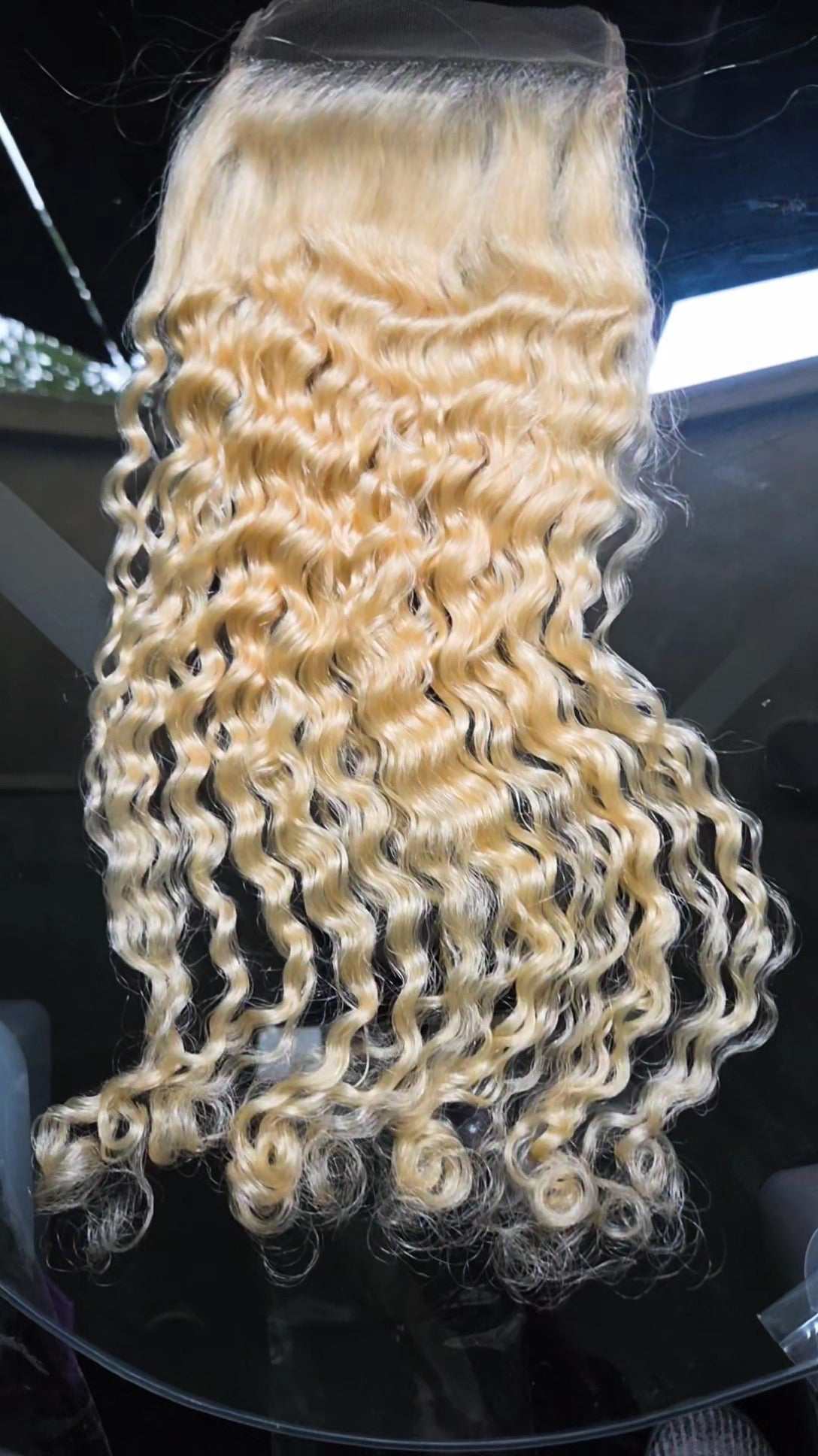613 Blonde Burmese Curly 5x5 Closure with natural lace base and blonde curls