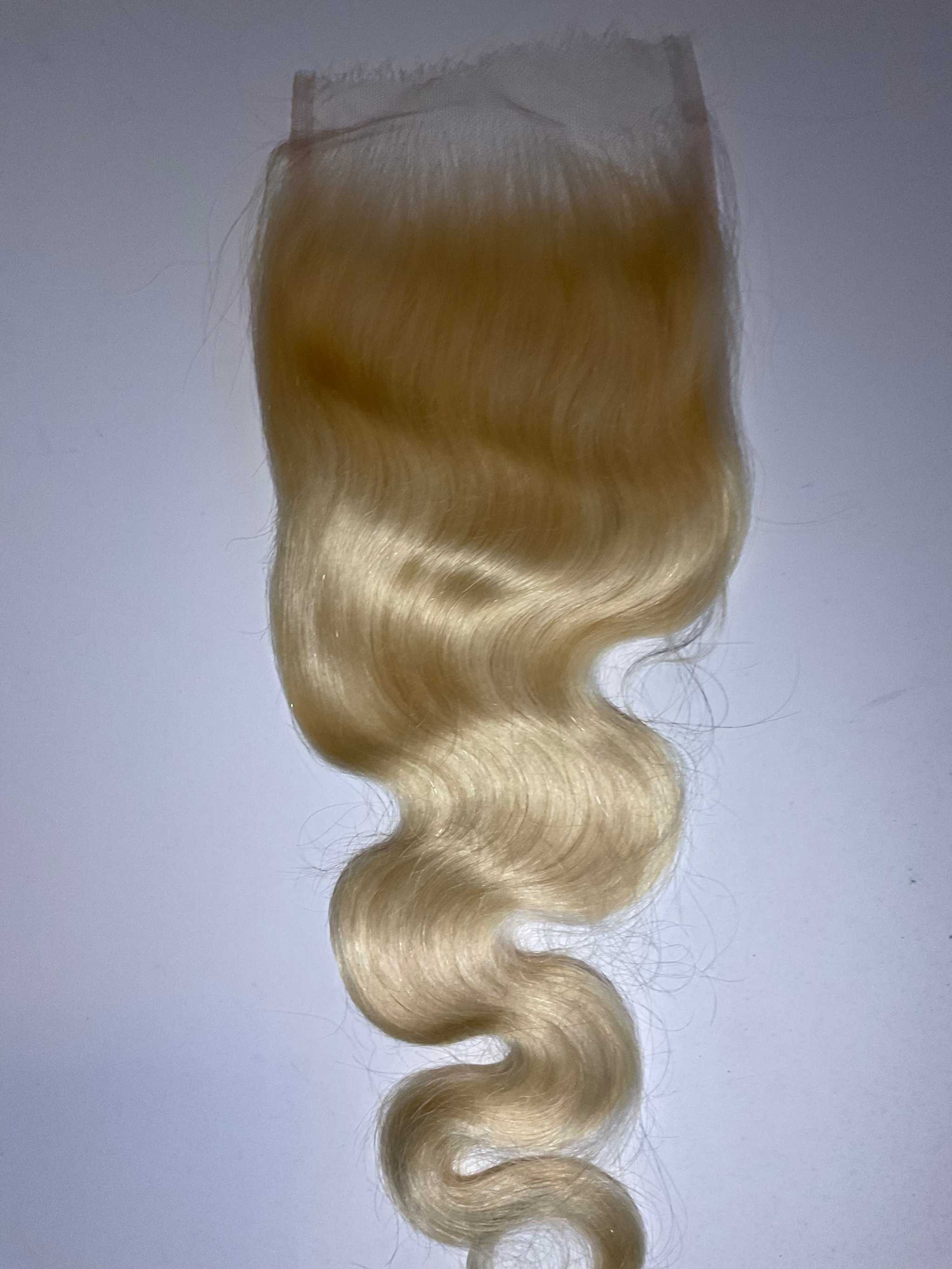 613 5x5 Body Wave Closure in vibrant blonde with soft, flowing texture and natural shine
