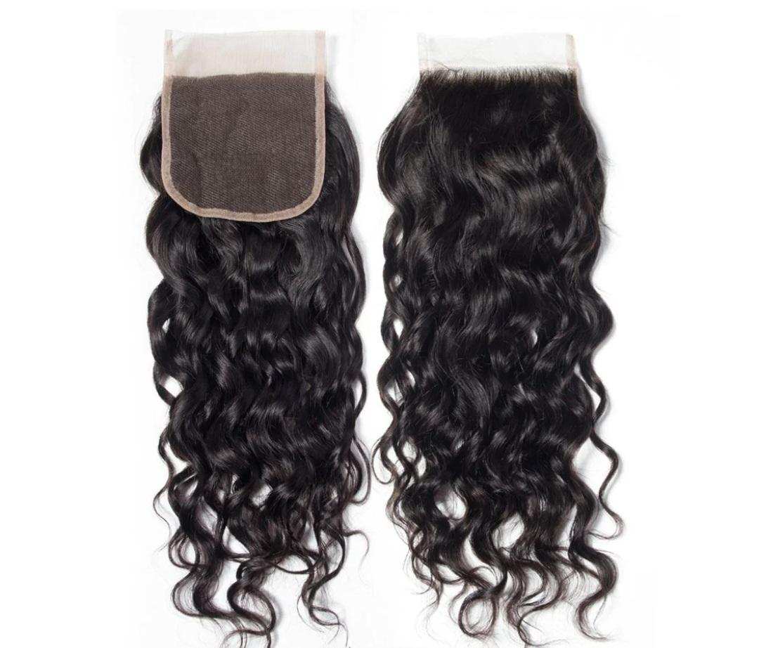 Closure - Water Wavy lace hair extensions in natural black, 4x4 HD closure.