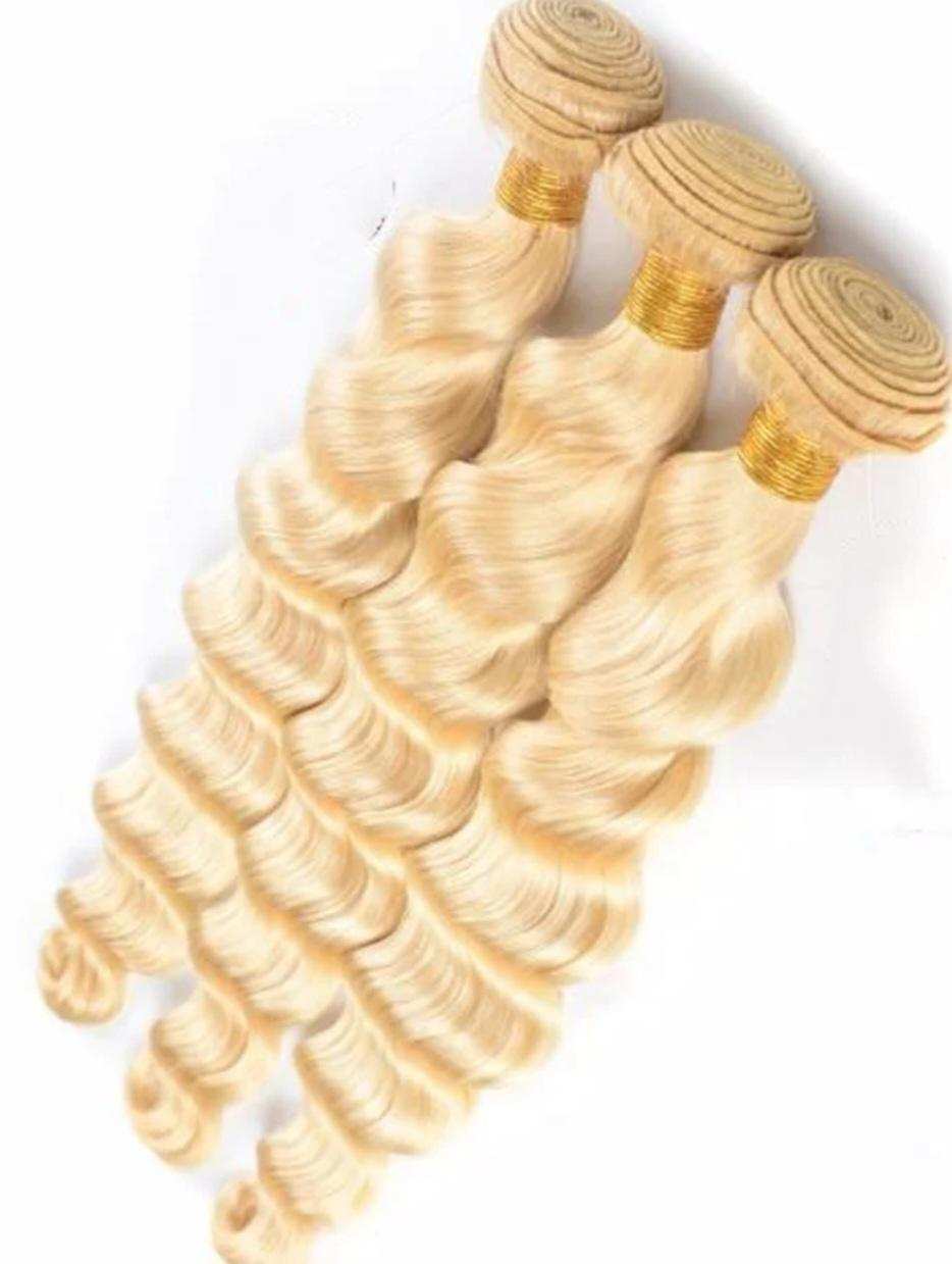 613 blonde hair bundles with deep wave texture, showcasing premium Brazilian virgin human hair extensions.