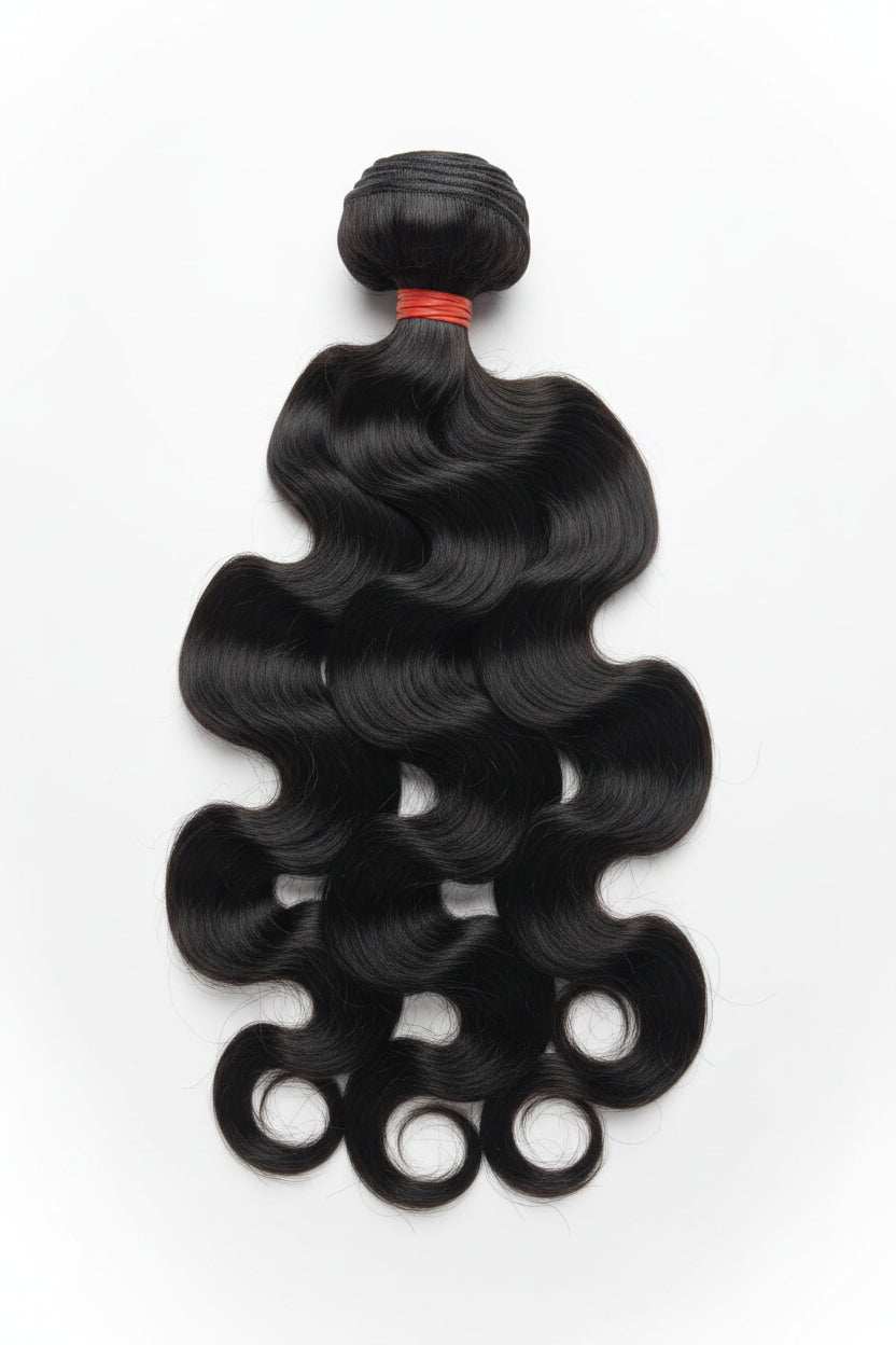 Three bundles of black body wave hair extensions tied with a small orange band, laid flat on a beige stone-textured surface.