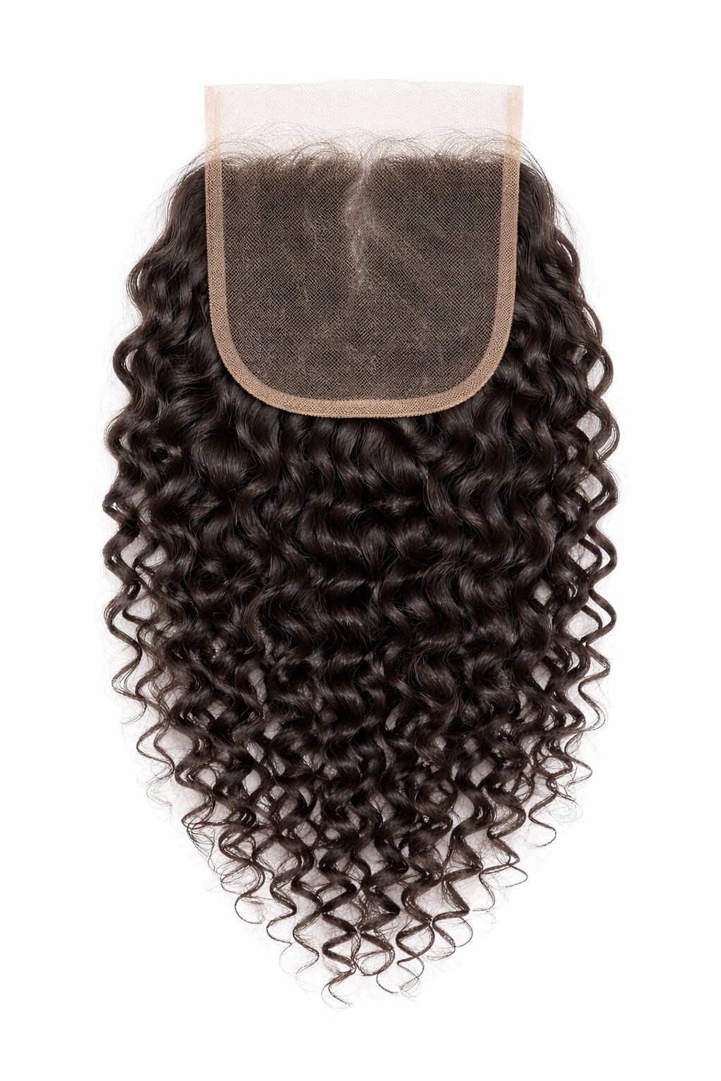 Close-up of Vietnamese Raw 5x5 closure with rich Burmese curl pattern and natural scalp look