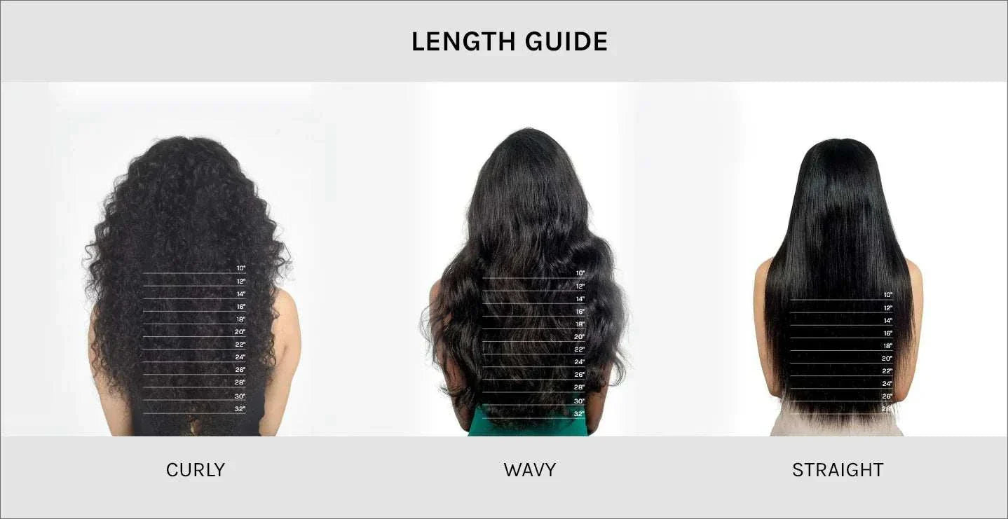 Length guide for curly, wavy, and straight hair extensions, showcasing various lengths from 10 to 30 inches Hair Bundles Body Wave