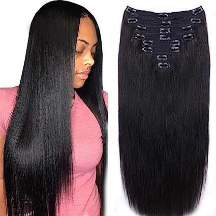 Clip-In Hair Extensions, silky straight, 10 clips, 100% human hair, versatile styling.