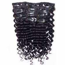 Clip-In Deep Wave hair extensions with 10 clips, voluminous and versatile styling, 100% Remy human hair.